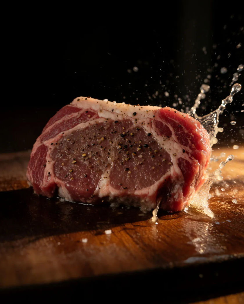 A thick raw cut of red meat on a worn wooden butcher board beside a steel cleaver, soft side light catching the wet sheen on the surface
