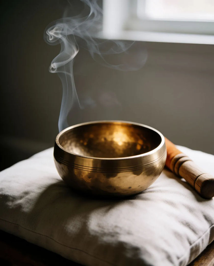 A brass singing bowl on a folded cushion with a wooden mallet beside it, a thin plume of incense rising through soft diffused light