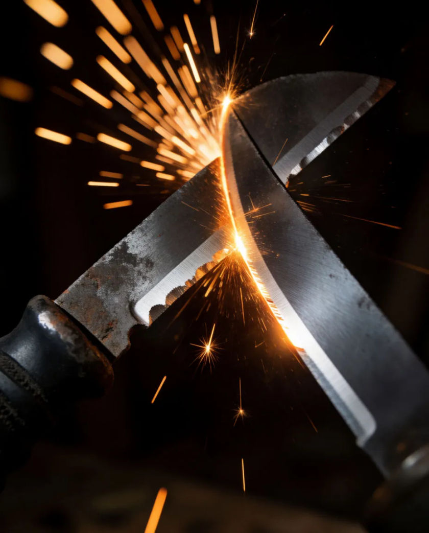 Two steel blades crossed in a shower of orange sparks, hard rim light along the scraped edges against a dark background