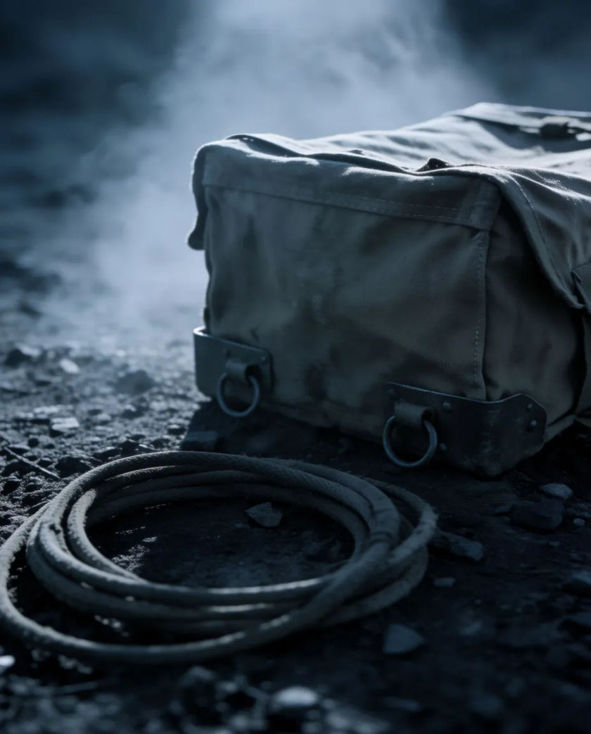 A canvas supply crate and a coiled field radio cable on dark gravel under a thin shaft of cold light, a faint haze rising behind
