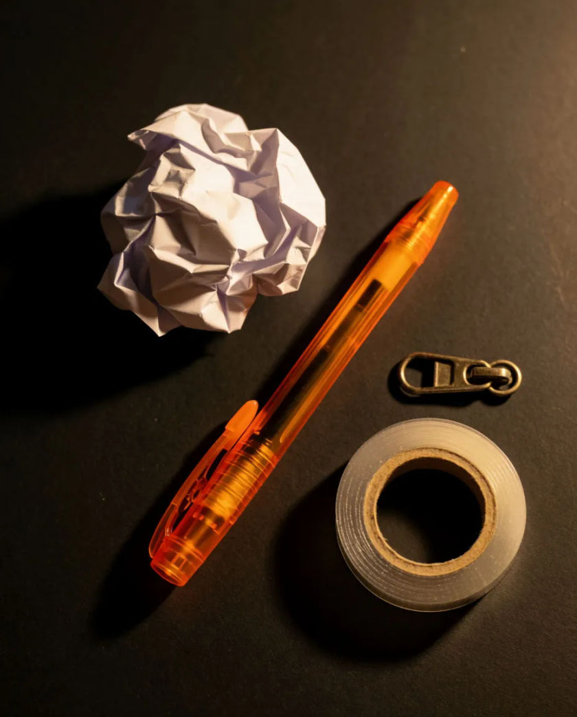 A cluttered desk top seen from above with a crumpled paper ball, a clicker pen, a zipper pull and a roll of tape arranged in a loose ring on matte black
