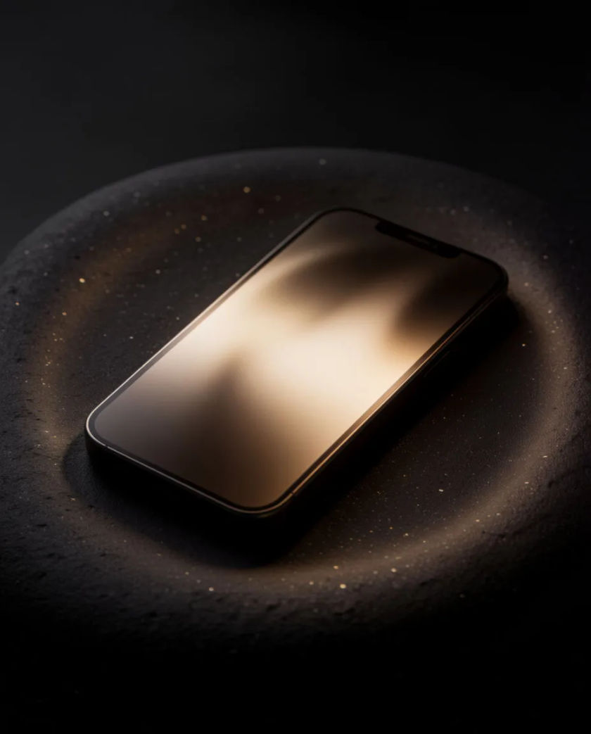 A dark smartphone lying face up on matte black, its screen lighting with a soft rounded glow and a faint ring of light spreading outward