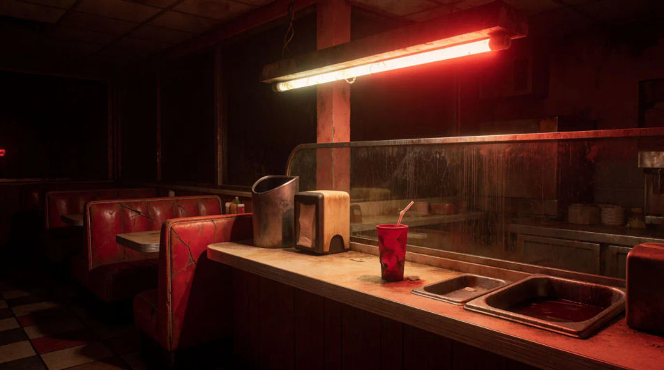 Set a grimy bar or diner at a glance