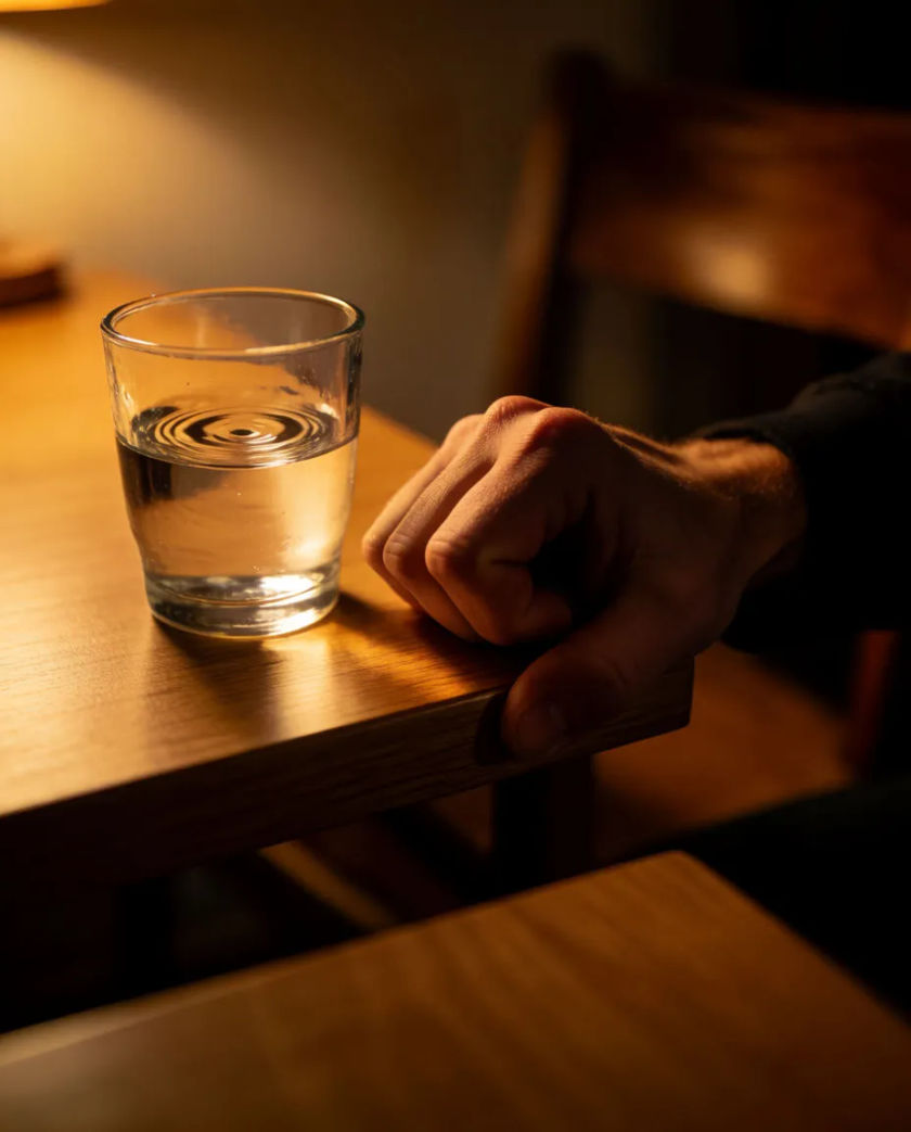 A close shot of a hand gripping the edge of a wooden table, knuckles pale, one fingertip mid-tap and a glass of water trembling beside it