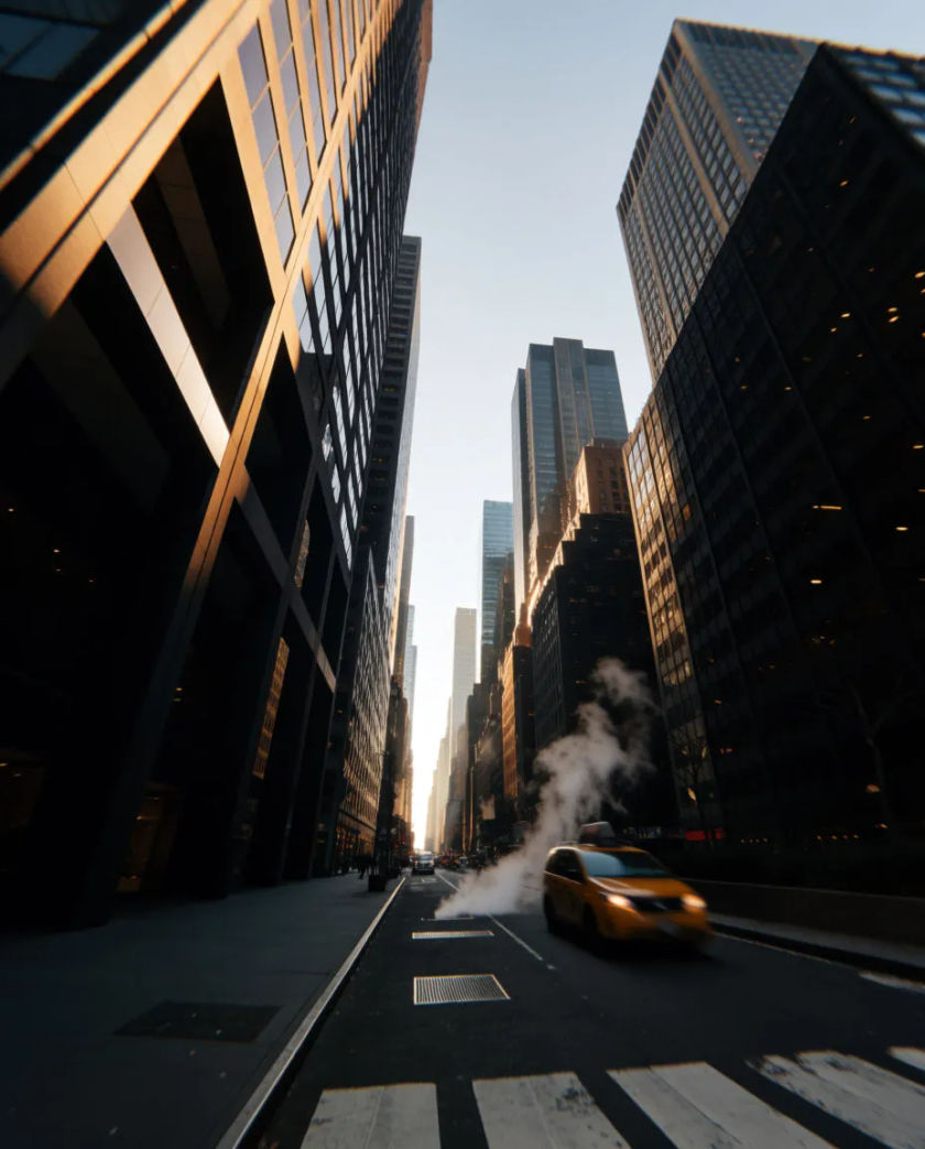 A narrow canyon of dark skyscrapers seen from a crosswalk, a yellow taxi blurred mid-frame and steam rising from a street grate