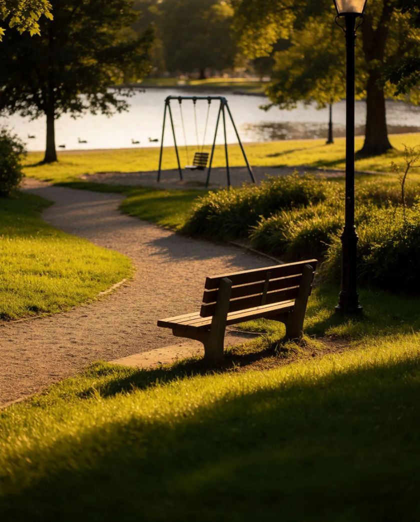 An empty wooden park bench beside a curving gravel path, a metal swing set and a few ducks in the soft background