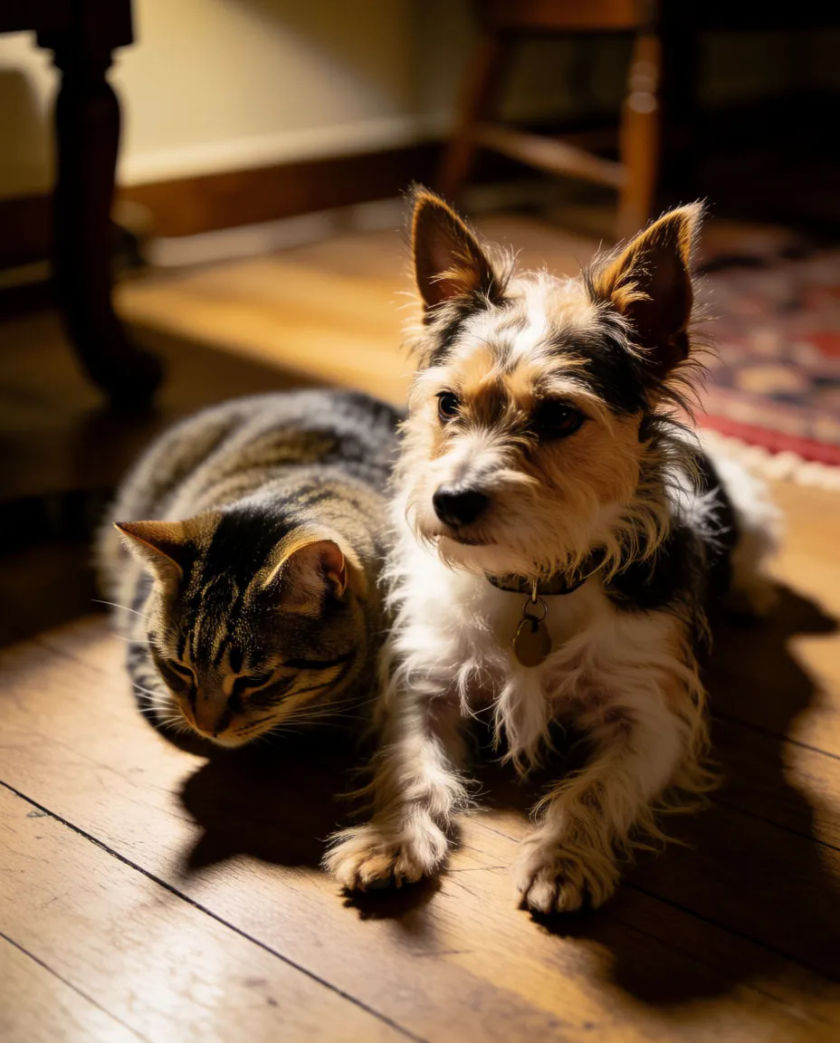 A small terrier and a tabby cat curled side by side in a warm pool of light, a brass tag glinting on a collar against a black ground