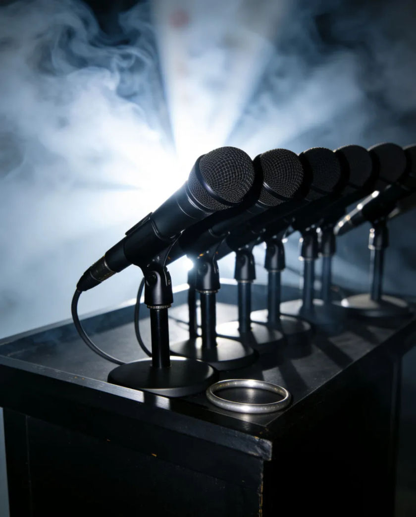 A row of black microphones on a dark podium with a burst of white flash light blooming behind them against a black ground