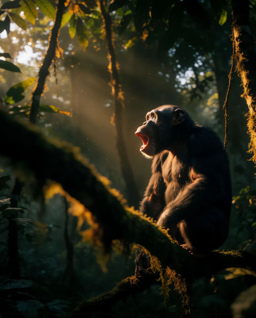 A chimpanzee sitting on a mossy branch, mouth open mid-hoot, dark rainforest leaves softly blurred behind it