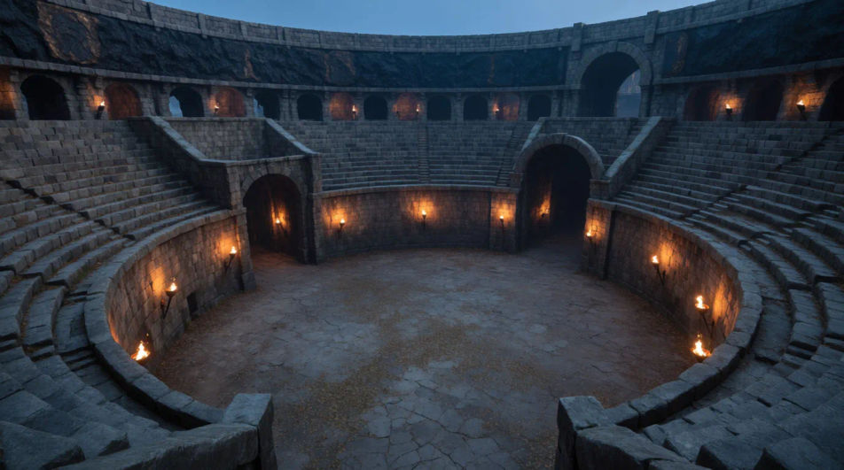 Show a battlefield or arena about to erupt