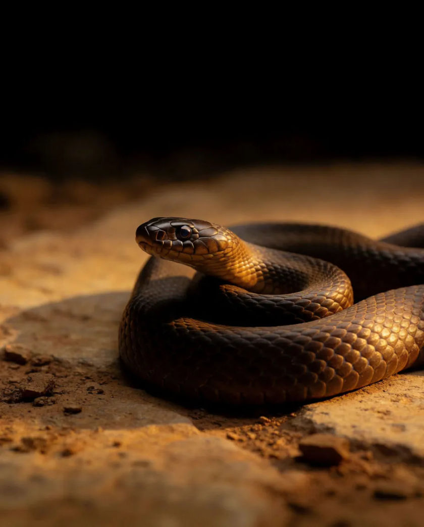 A coiled snake with dark scales resting on a flat stone, a thin shaft of amber light catching each scale and a darkness behind it