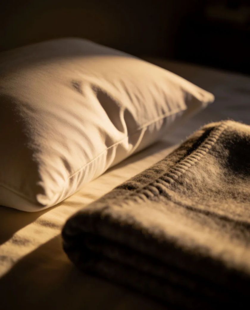 A soft white pillow with a gentle dent in it and a folded blanket beside it, warm low light on the cotton and deep shadow behind