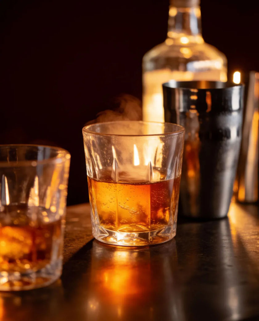 A polished bar counter with two cut-glass tumblers, a steel shaker and a bottle in warm amber light against a deep dark back wall