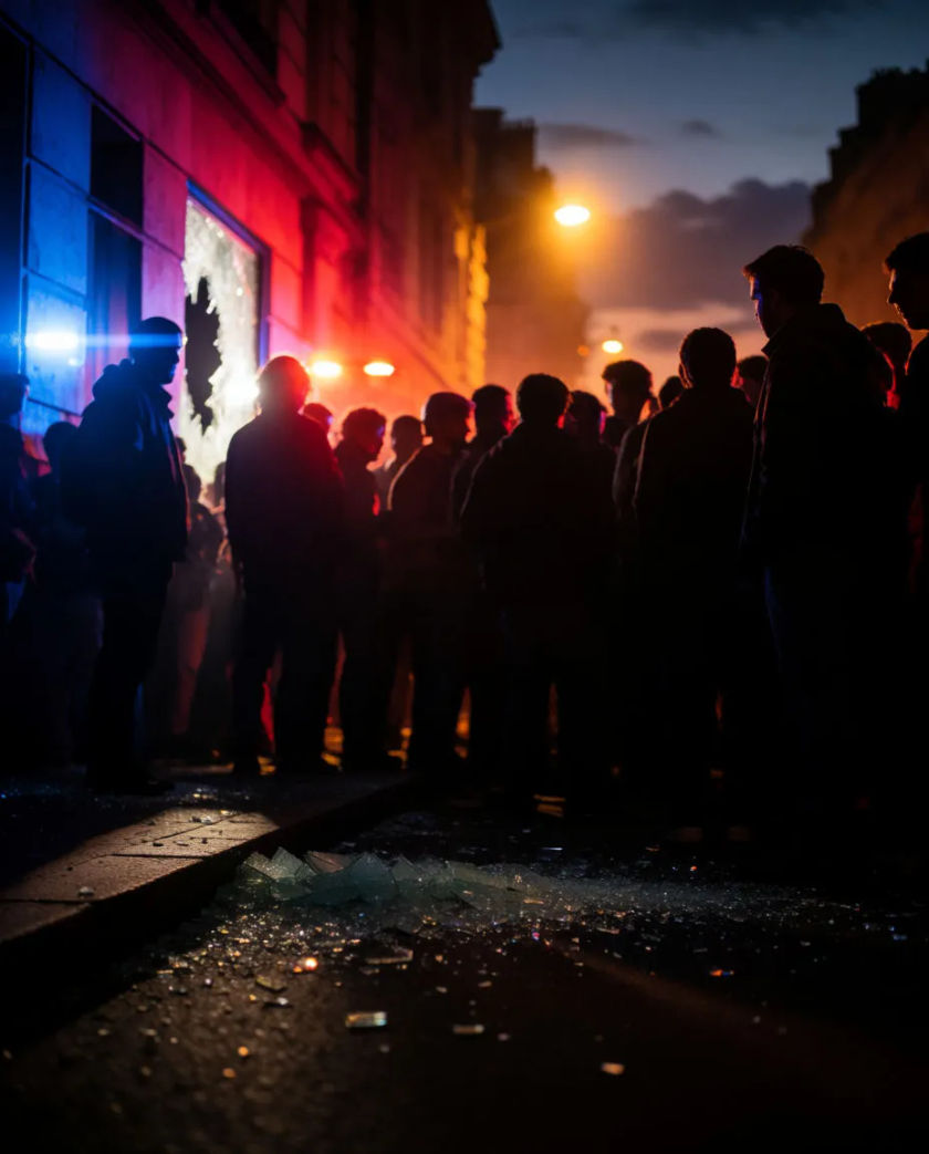 A dark street at dusk with a wall of silhouetted figures, a single smashed window scattering glass and a red-blue flare of emergency light behind
