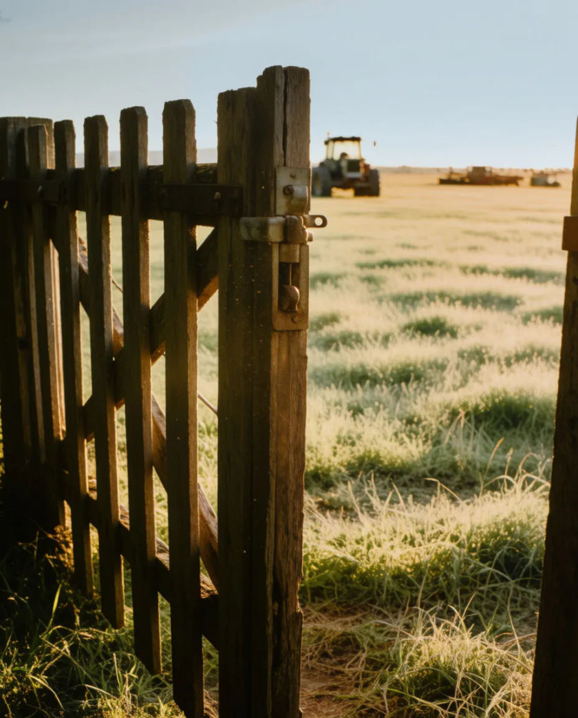 A weathered wooden farm gate standing open onto a pale green pasture, a lone tractor shape blurred in the distance