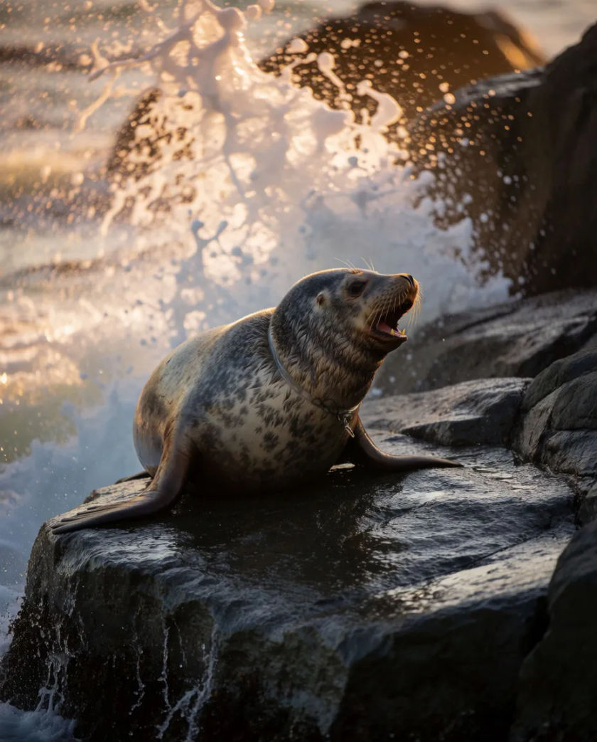A harbor seal resting on a wet grey rock with its head raised mid-call, spray catching the light behind it