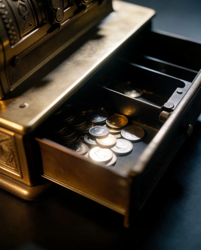 A brass cash register drawer sliding open on a dark counter, a scatter of coins catching a warm shaft of light