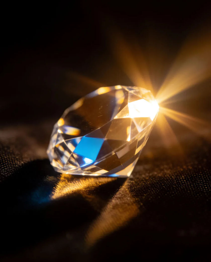 A cut crystal catching one hard beam of light, a star-shaped flare of white and gold spiking off its edge against a black background