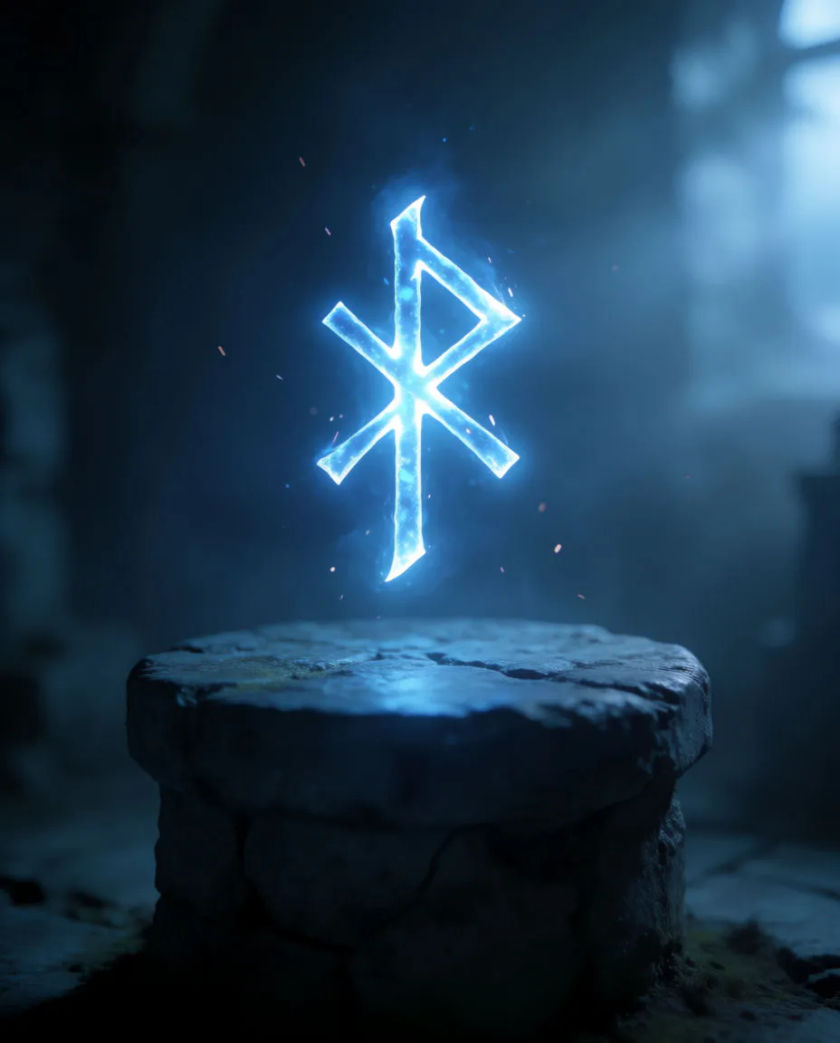 A single glowing blue rune floating above a worn stone pedestal in a dark chamber, small sparks drifting upward from its edges