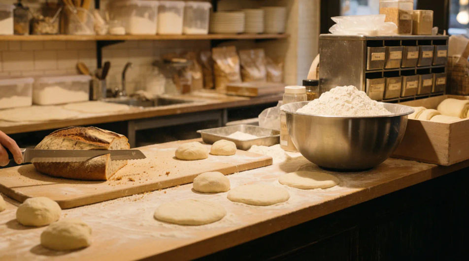 Set the scene in a busy kitchen