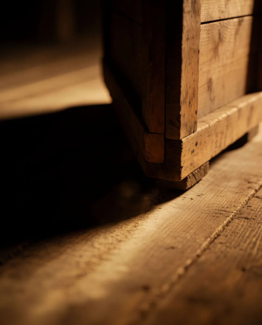 A heavy wooden crate mid-drag across a worn plank floor, pale dust lifting along the scrape trail in low raking light