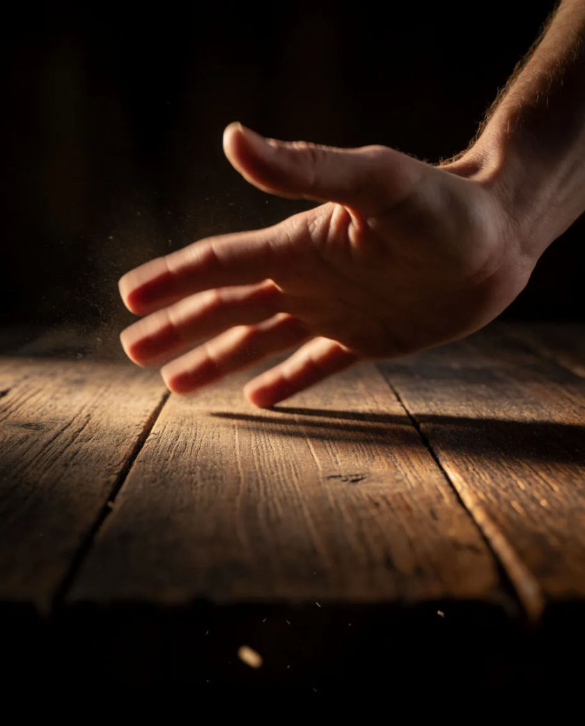 A hand frozen a hair from a wooden table at the instant of impact, a fine mist of dust jumping off the surface against a dark background