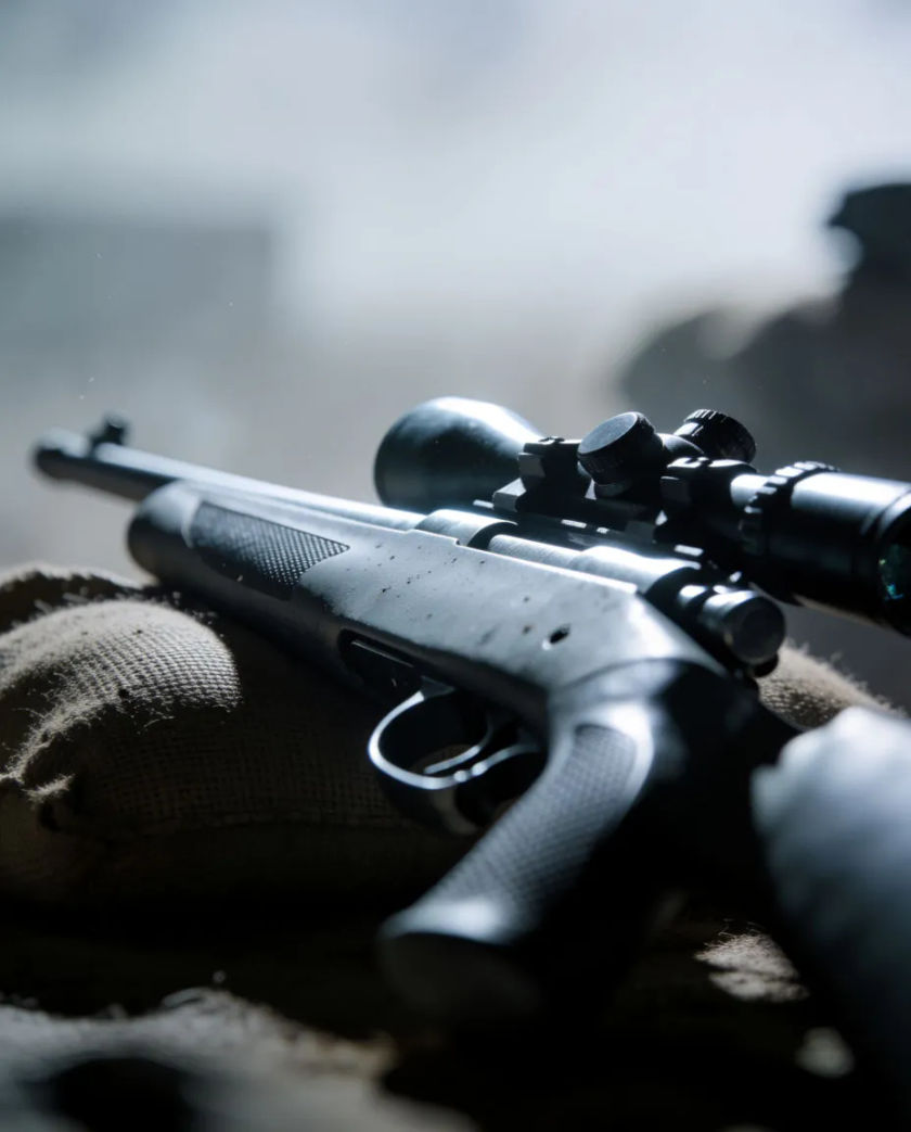 A long matte rifle barrel resting on a sandbag in a hazy dim light, a thin beam of light catching the glass of the scope lens