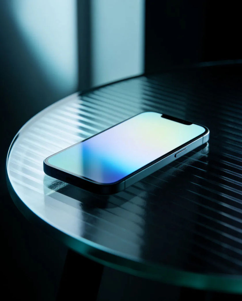 A phone lying face up on a dark glass table with a ring of soft light spreading from its edge, a thumb hovering just above the screen
