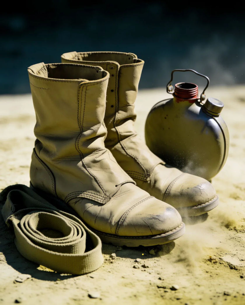 A pair of worn leather combat boots standing on packed dirt beside a canvas strap and a metal canteen, hard side light skimming the ground