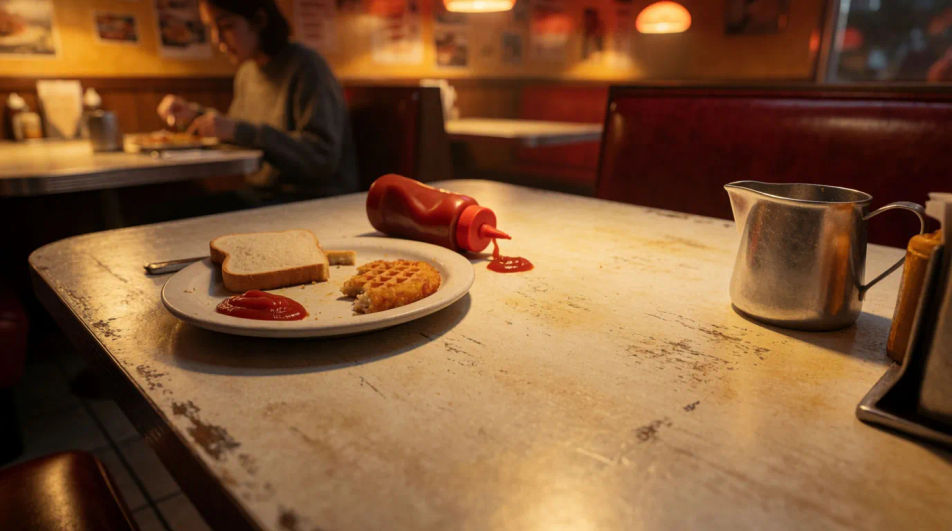 Show a messy breakfast in one beat