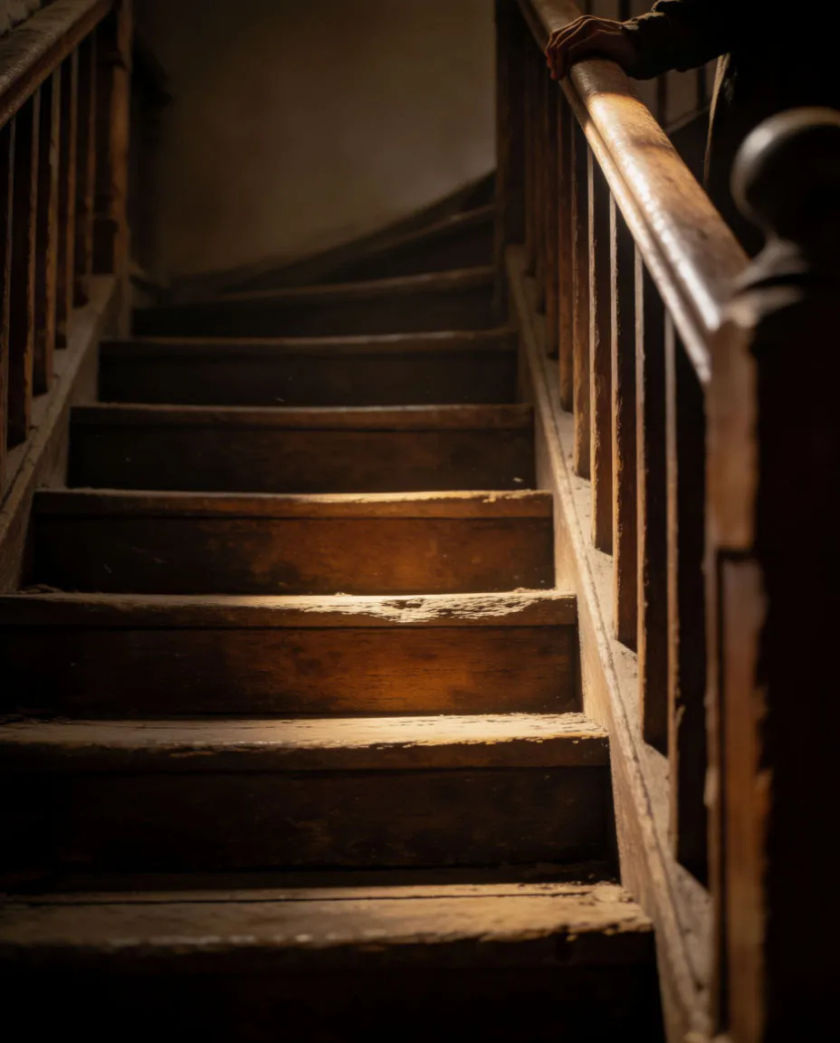 A narrow wooden staircase rising into darkness, a single worn tread catching a warm shaft of light, a hand resting on the banister