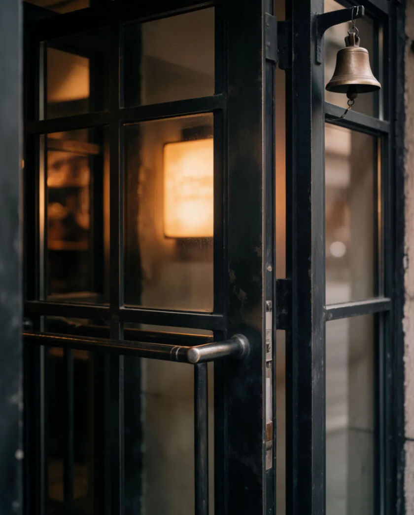 A glass shop door with a small brass bell hanging on its frame, a warm sign glowing behind the pane as the door swings open