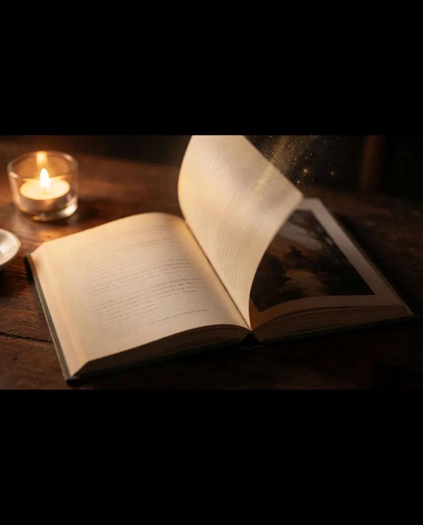 An open picture book on a dark wooden table, a single page lifting mid-turn with faint golden sparks drifting off its edge