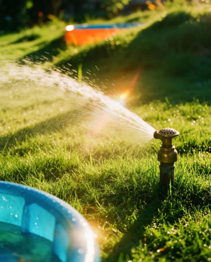 A garden sprinkler arcing water over bright green grass beside a plastic paddling pool, sun flare across the lens