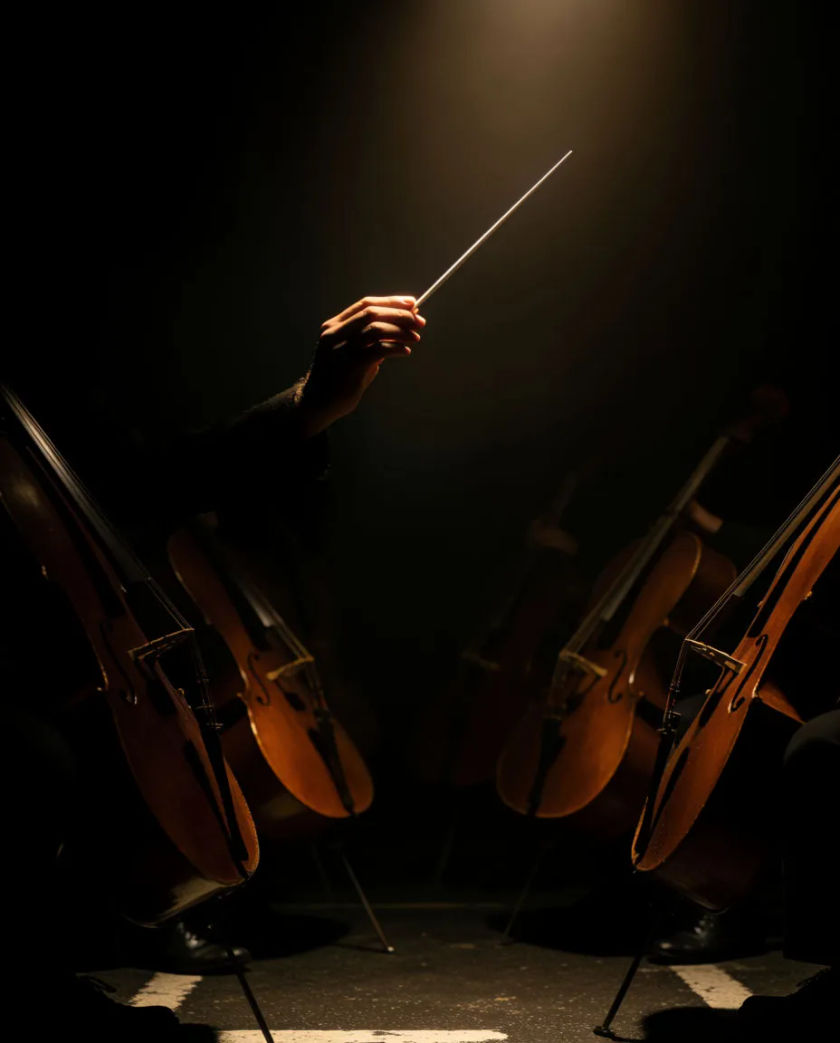 A conductor baton raised before a dark orchestra, a single pool of warm light widening across the strings
