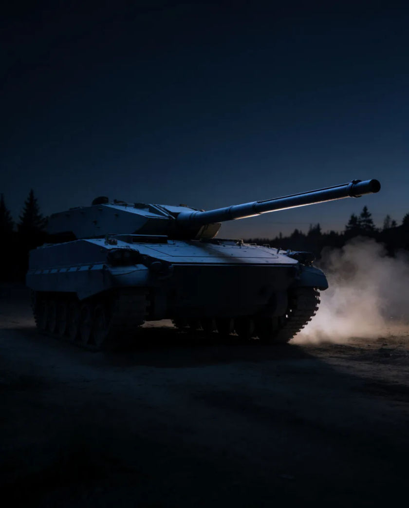 A heavy armoured tracked vehicle silhouette in dark steel, its long gun barrel catching a thin line of cold light against a black background