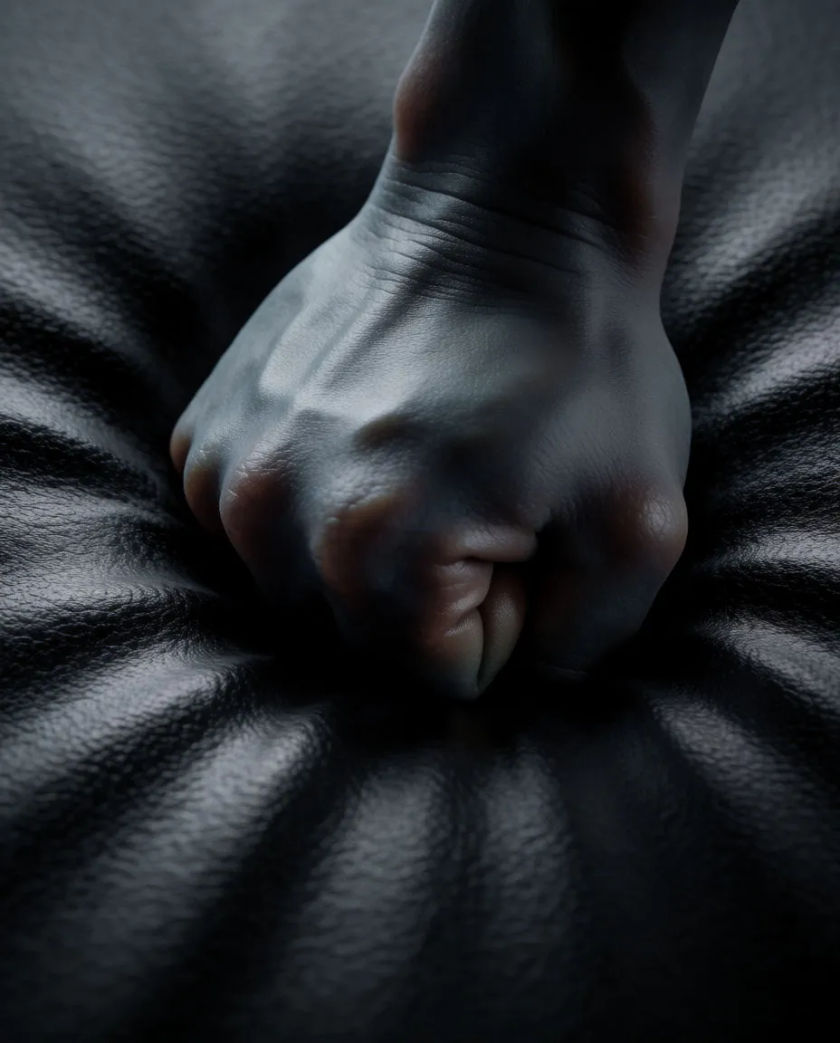 A heavy matte fist pressed into a dark padded surface, a soft ripple of light spreading from the point of contact on a black ground