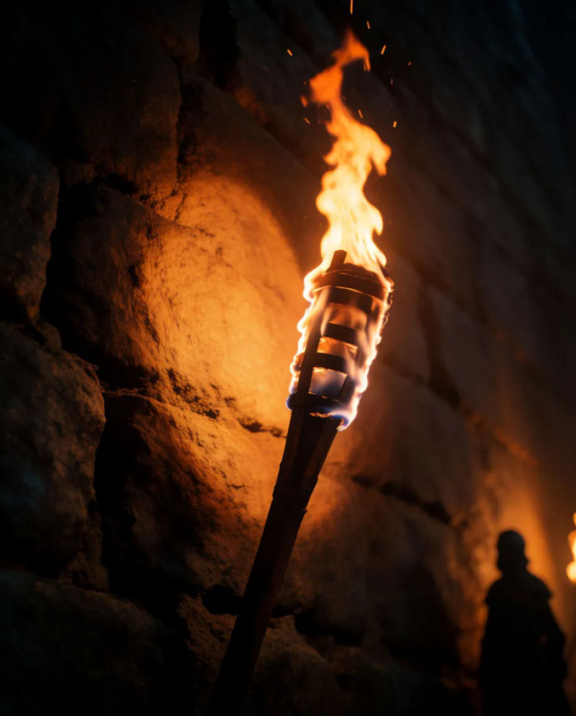 A single wooden torch burning with a tall orange flame against a dark stone wall, sparks drifting upward and a pool of warm light on the rough stones