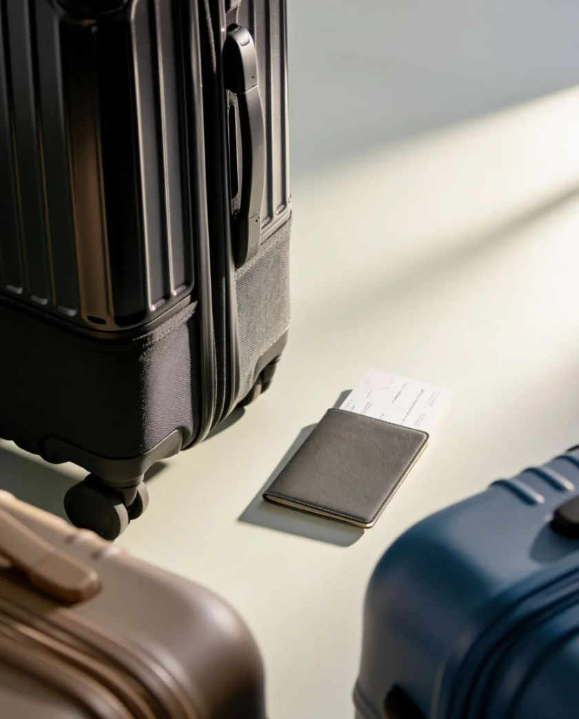 A packed hard-shell suitcase standing beside an open passport and a boarding pass on a pale surface, soft sunlight raking across them