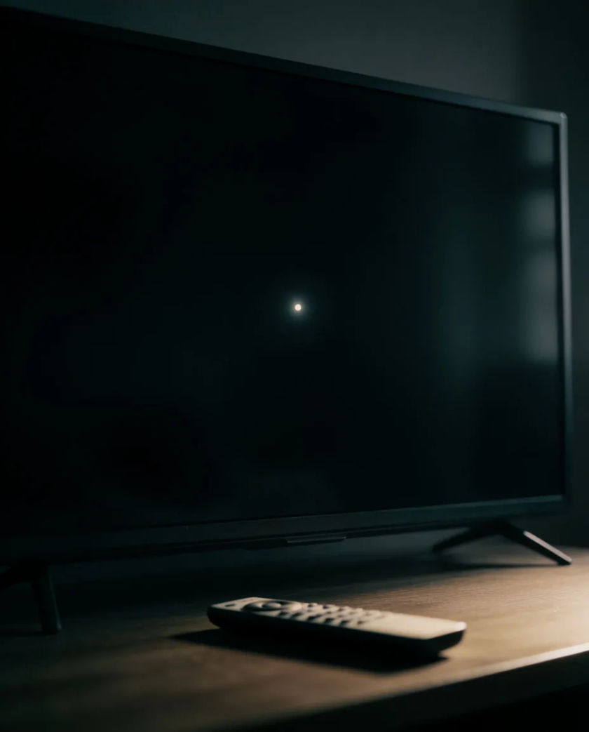A dark television screen with a last pale dot of light fading at its centre, a slim remote resting on a wooden table in front