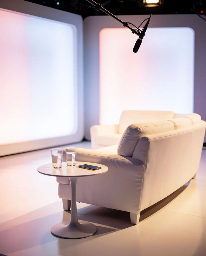A bright empty studio set with a glossy sofa, a glowing backdrop of soft coloured light panels and a single boom microphone overhead
