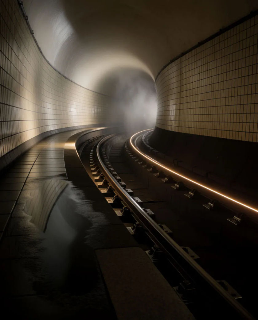 A curved tiled tunnel running away into darkness, two rails catching a thin line of amber light and a puddle on the platform edge