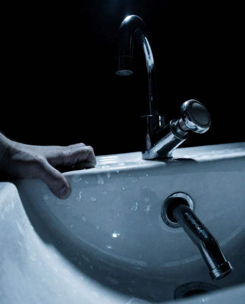 A dim bathroom sink with a hand gripping the edge and splashes of water caught mid-air, cold light on wet porcelain against black