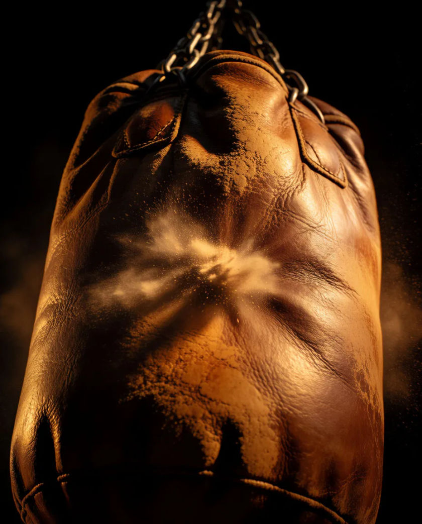 A worn tan leather punching bag swinging from a chain, a dust puff bursting from its surface at the point of impact, set against pure black