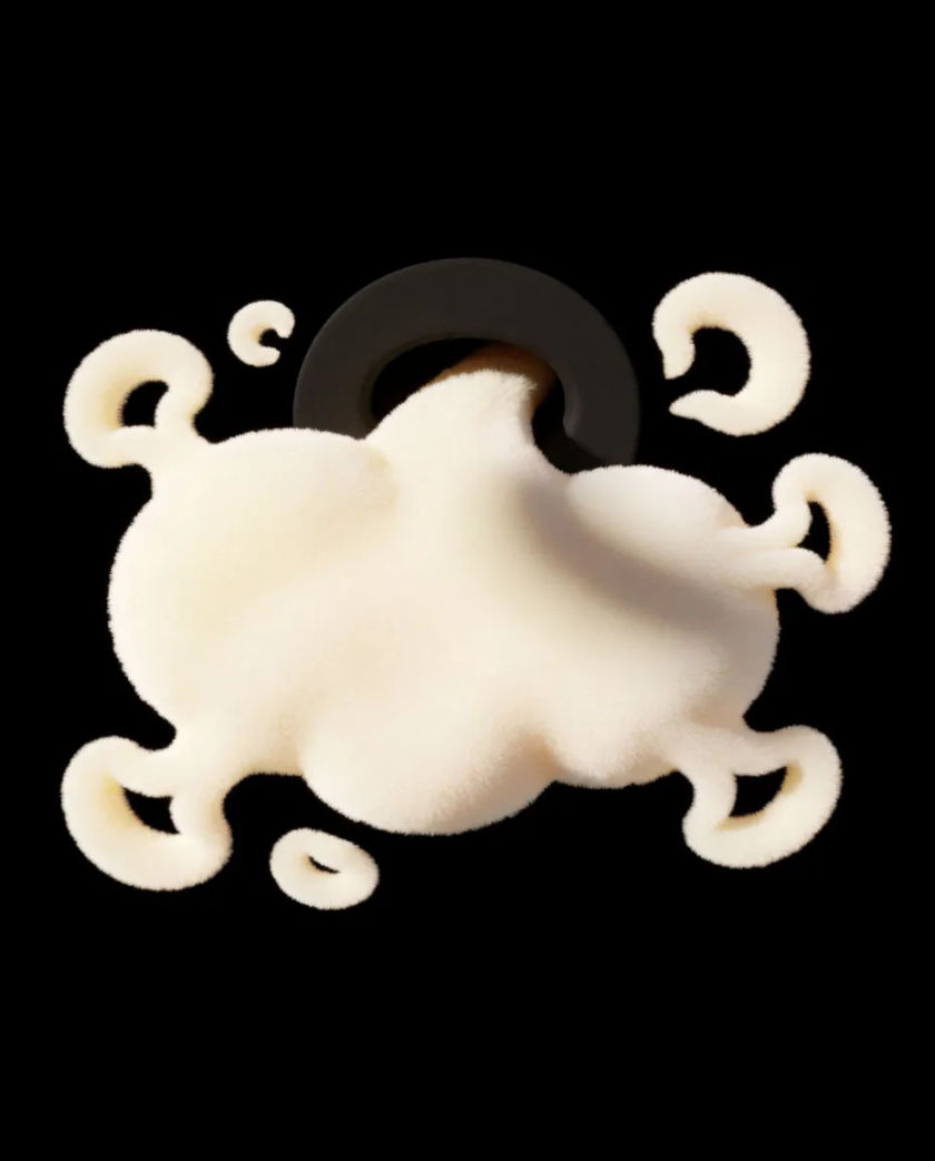 A cartoon-flat speech bubble of cream-coloured smoke puffing out of a dark round mouth shape on a matte black ground, with a few ragged soft rings spreading outward