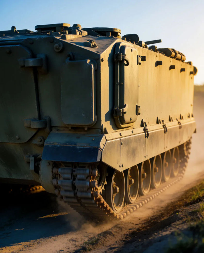 A heavy olive-drab tracked armoured vehicle crawling up a dirt road with dust kicked up behind steel track links