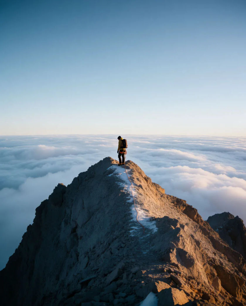 A climber in a bright jacket on a jagged grey ridge above a sea of cloud, loose rock and thin snow at their boots