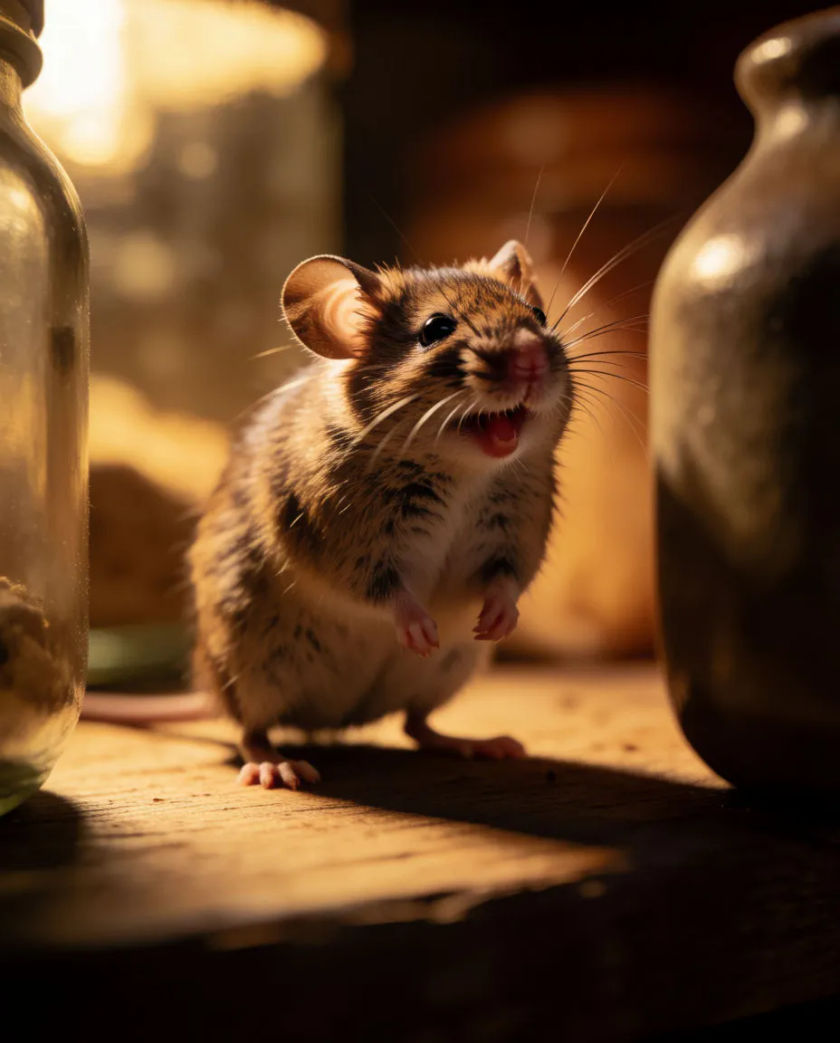 A tiny brown house mouse standing up on its hind legs on a pantry shelf, mouth open mid-squeak, whiskers raised