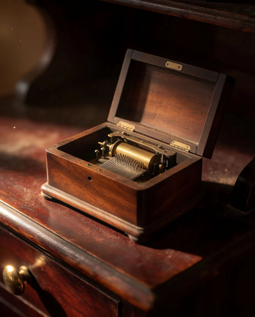 An open antique wooden music box on a dusty dresser, its small brass cylinder and steel comb catching a soft lamp glow