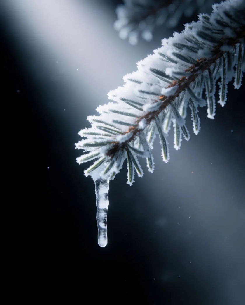 A single frosted pine branch with a hanging icicle catching one thin beam of pale light, the rest of the frame near black